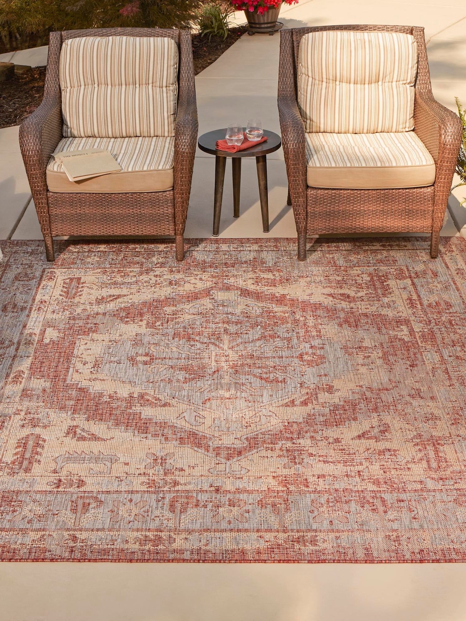Rust Red 13' 1 x 13' 1 Outdoor Traditional Square Area Rug Weather Resistant for Patio, Deck, Terrace, Balcony, Porch Classical Design Outside Carpet for Sale at Rug Engine