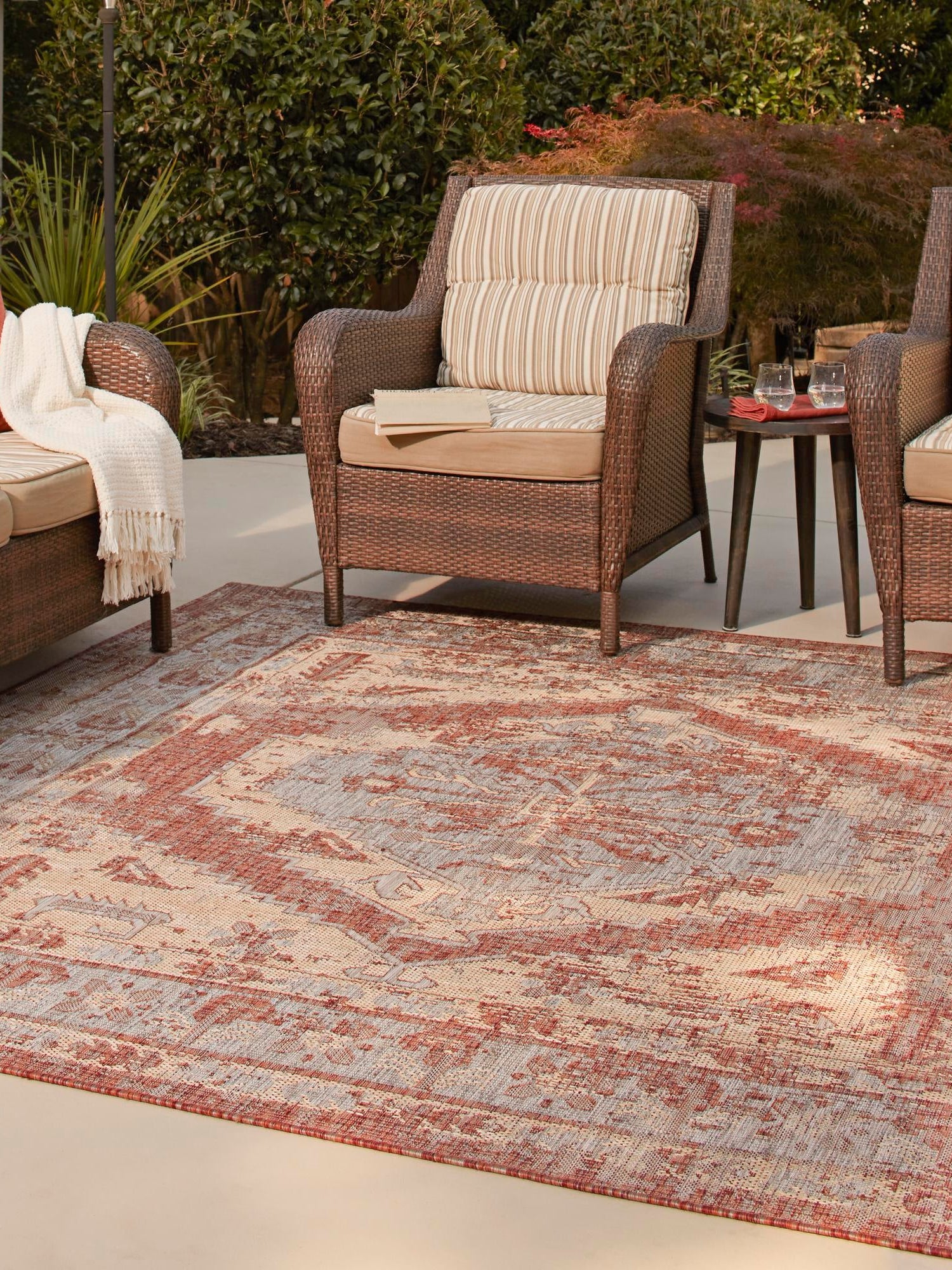 Rust Red 10' x 10' Outdoor Traditional Square Area Rug Weather Resistant for Patio, Deck, Terrace, Balcony, Porch Classical Design Outside Carpet for Sale at Rug Engine