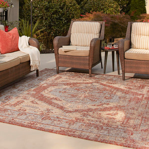 Rust Red 10' x 10' Outdoor Traditional Square Area Rug Weather Resistant for Patio, Deck, Terrace, Balcony, Porch Classical Design Outside Carpet for Sale at Rug Engine