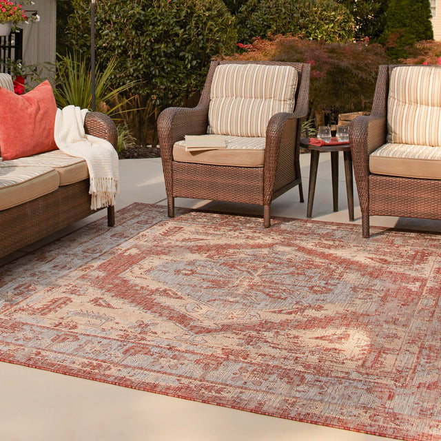 Rust Red 10' x 10' Outdoor Traditional Square Area Rug Weather Resistant for Patio, Deck, Terrace, Balcony, Porch Classical Design Outside Carpet for Sale at Rug Engine