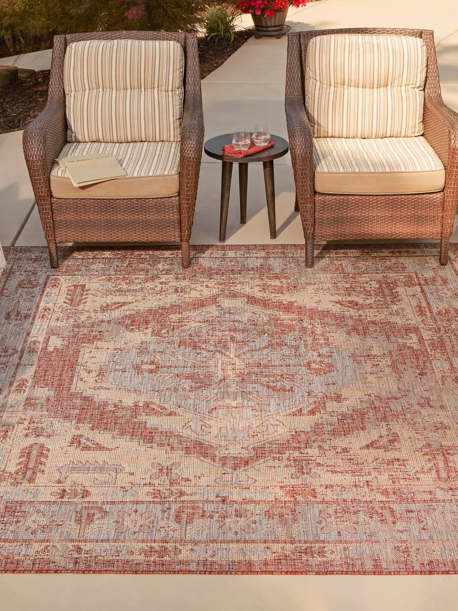 Rust Red 10' x 10' Outdoor Traditional Square Area Rug Weather Resistant for Patio, Deck, Terrace, Balcony, Porch Classical Design Outside Carpet for Sale at Rug Engine