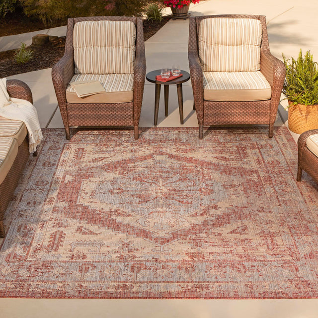 Rust Red 10' x 10' Outdoor Traditional Square Area Rug Weather Resistant for Patio, Deck, Terrace, Balcony, Porch Classical Design Outside Carpet for Sale at Rug Engine