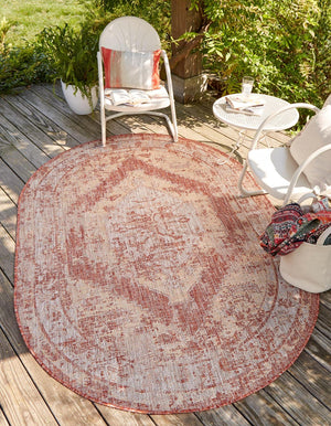 Rust Red 3' 1 x 5' 3 Outdoor Traditional Oval Area Rug Weather Resistant for Patio, Deck, Terrace, Balcony, Porch Classical Design Outside Carpet for Sale at Rug Engine