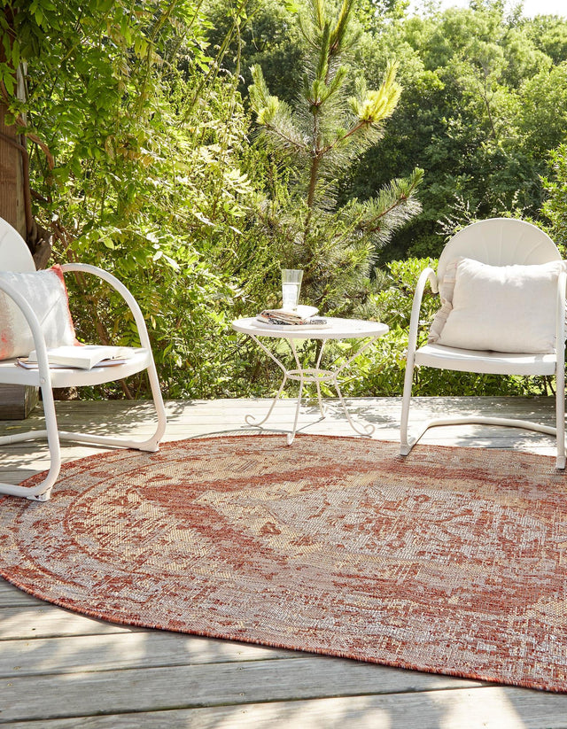 Rust Red 7' 10 x 10' Outdoor Traditional Oval Area Rug Weather Resistant for Patio, Deck, Terrace, Balcony, Porch Classical Design Outside Carpet for Sale at Rug Engine
