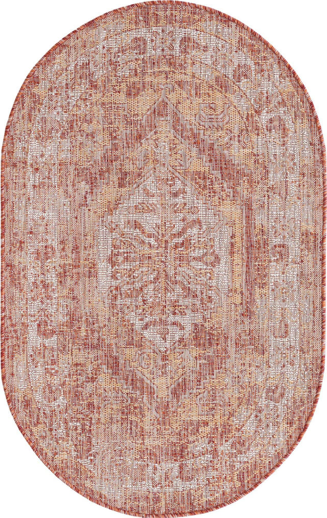 Rust Red 3' 1 x 5' 3 Outdoor Traditional Oval Area Rug Weather Resistant for Patio, Deck, Terrace, Balcony, Porch Classical Design Outside Carpet for Sale at Rug Engine