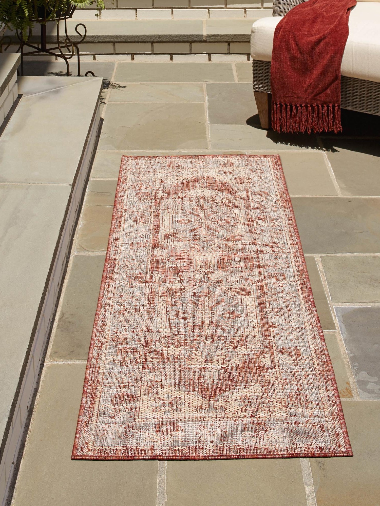 Rust Red 2' x 8' Outdoor Traditional Runner Area Rug Weather Resistant for Patio, Deck, Terrace, Balcony, Porch Classical Design Outside Carpet for Sale at Rug Engine