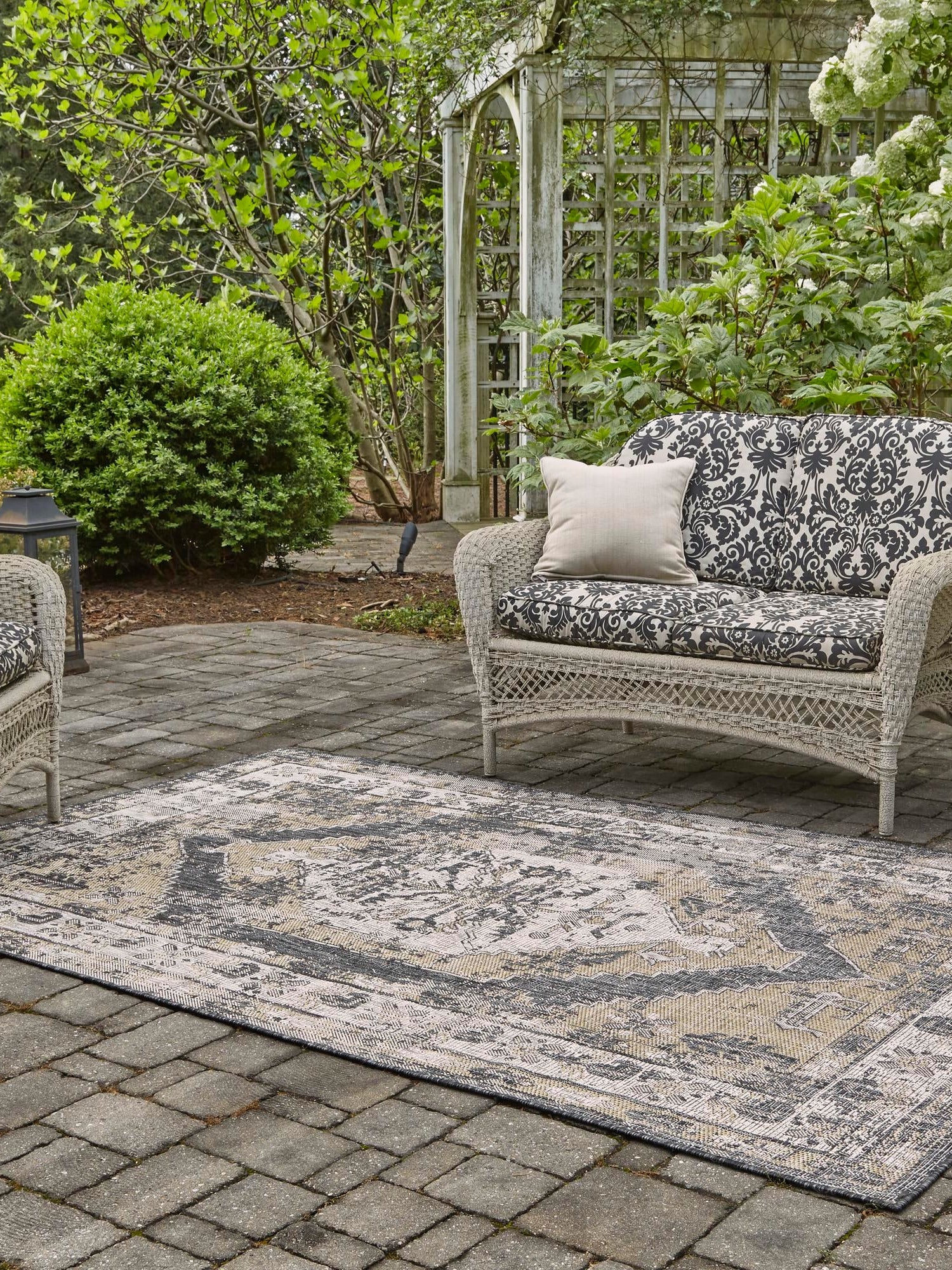 Charcoal 7' 1 x 10' Outdoor Traditional Rectangle Area Rug Weather Resistant for Patio, Deck, Terrace, Balcony, Porch Classical Design Outside Carpet for Sale at Rug Engine