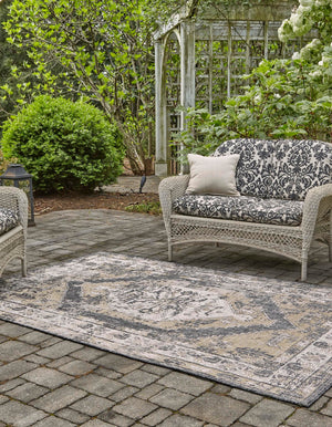 Charcoal 6' 1 x 9' Outdoor Traditional Rectangle Area Rug Weather Resistant for Patio, Deck, Terrace, Balcony, Porch Classical Design Outside Carpet for Sale at Rug Engine