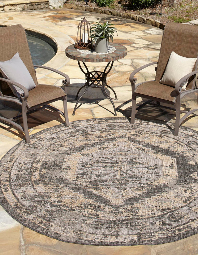 Charcoal 3' 1 x 3' 1 Outdoor Traditional Round Area Rug Weather Resistant for Patio, Deck, Terrace, Balcony, Porch Classical Design Outside Carpet for Sale at Rug Engine