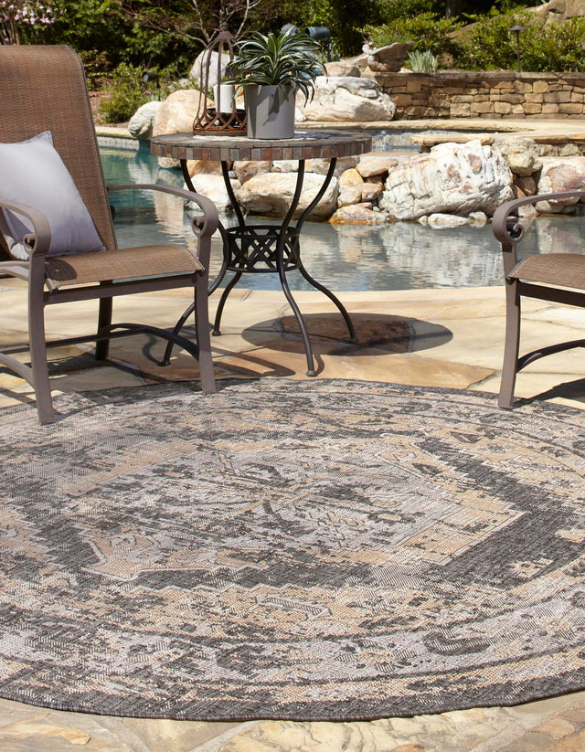 Charcoal 3' 1 x 3' 1 Outdoor Traditional Round Area Rug Weather Resistant for Patio, Deck, Terrace, Balcony, Porch Classical Design Outside Carpet for Sale at Rug Engine