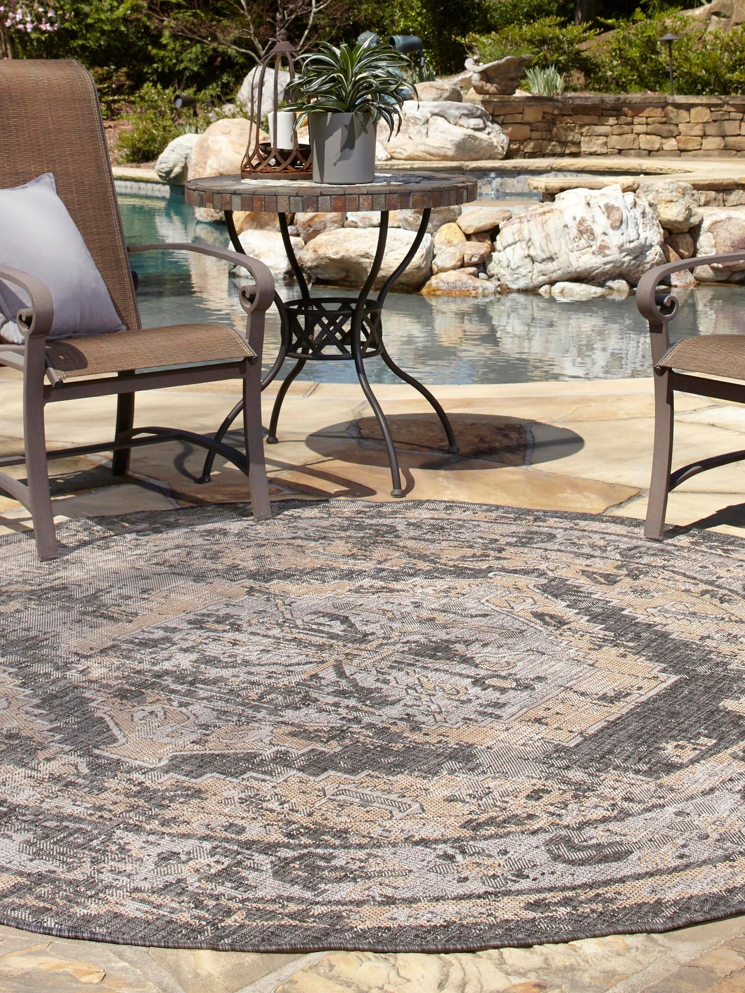 Charcoal 10' x 10' Outdoor Traditional Round Area Rug Weather Resistant for Patio, Deck, Terrace, Balcony, Porch Classical Design Outside Carpet for Sale at Rug Engine