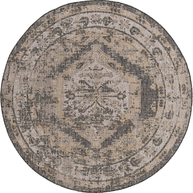 Charcoal 7' 10 x 7' 10 Outdoor Traditional Round Area Rug Weather Resistant for Patio, Deck, Terrace, Balcony, Porch Classical Design Outside Carpet for Sale at Rug Engine
