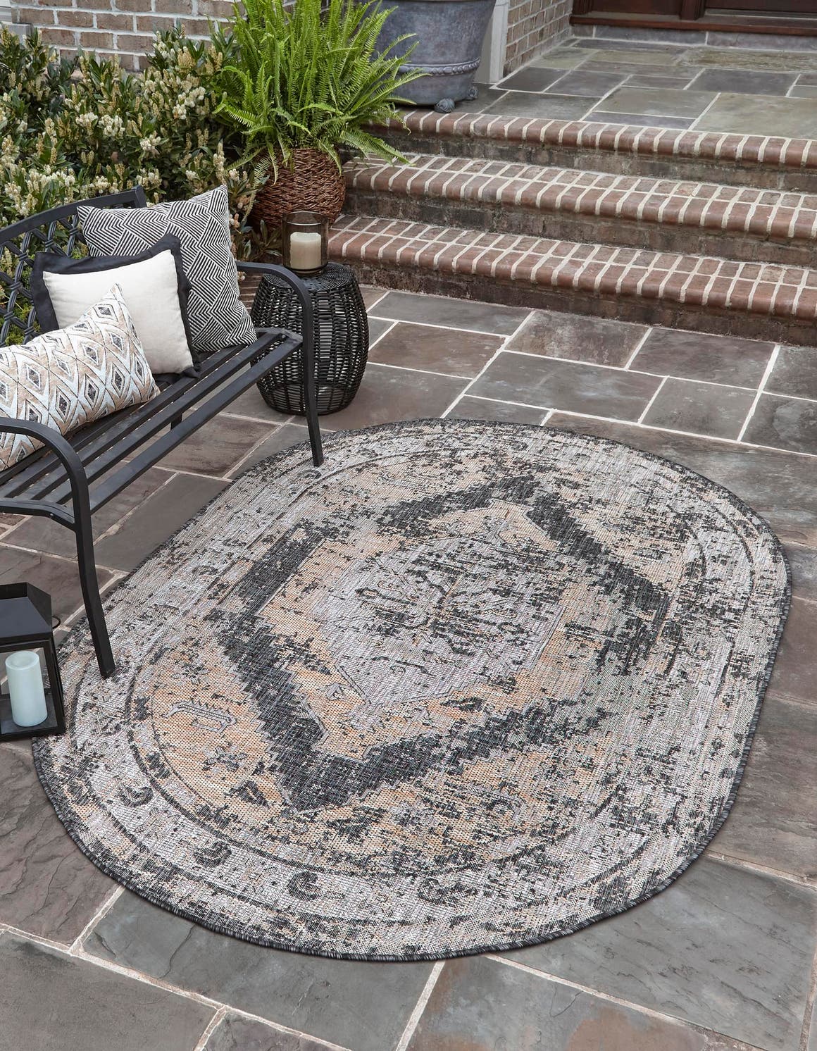 Charcoal 5' 3 x 8' Outdoor Traditional Oval Area Rug Weather Resistant for Patio, Deck, Terrace, Balcony, Porch Classical Design Outside Carpet for Sale at Rug Engine