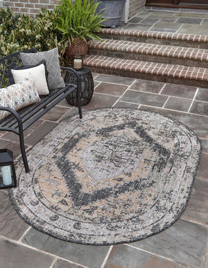 Charcoal 5' 3 x 8' Outdoor Traditional Oval Area Rug Weather Resistant for Patio, Deck, Terrace, Balcony, Porch Classical Design Outside Carpet for Sale at Rug Engine