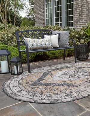 Charcoal 5' 3 x 8' Outdoor Traditional Oval Area Rug Weather Resistant for Patio, Deck, Terrace, Balcony, Porch Classical Design Outside Carpet for Sale at Rug Engine
