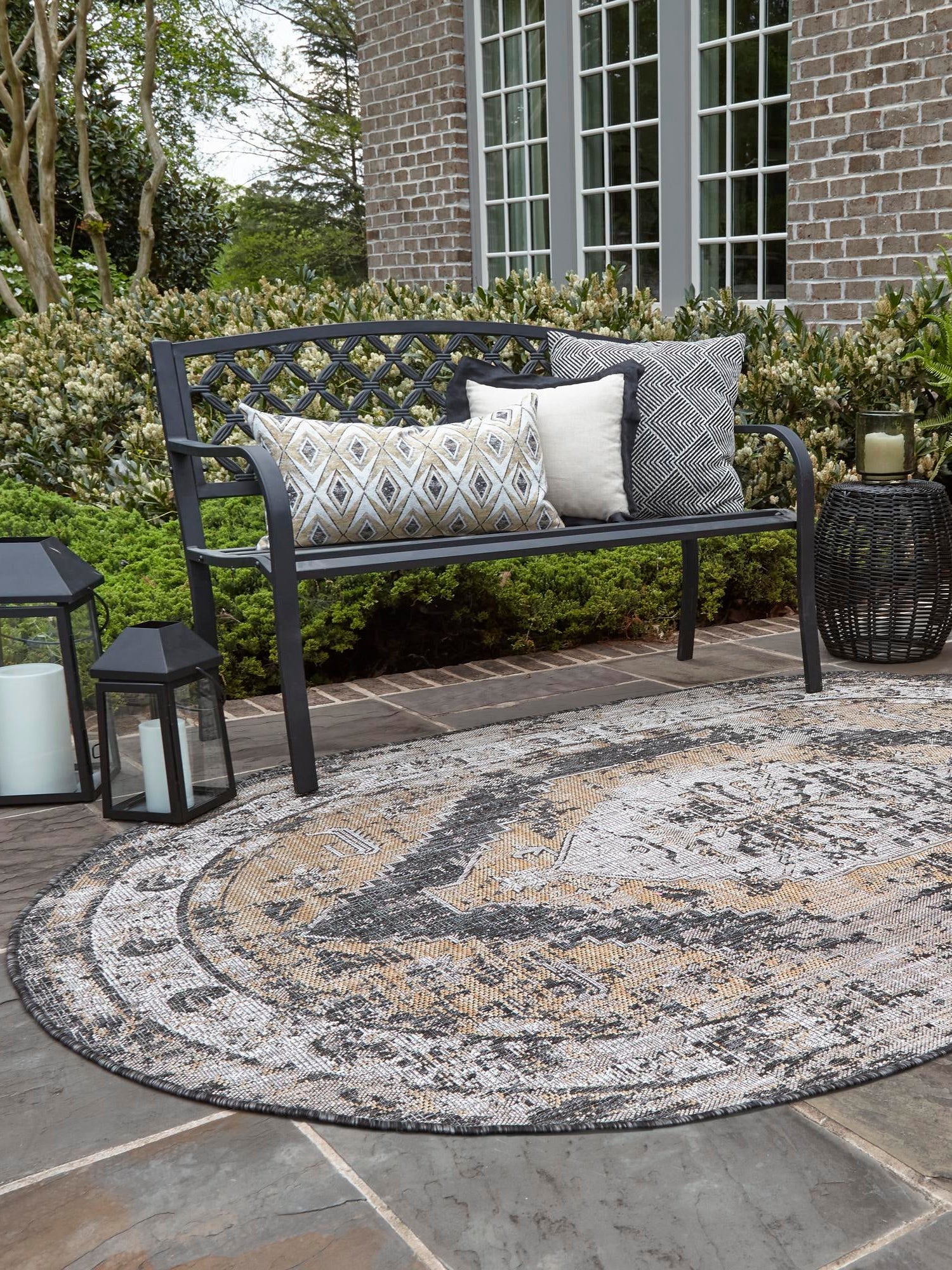 Charcoal 7' 10 x 10' Outdoor Traditional Oval Area Rug Weather Resistant for Patio, Deck, Terrace, Balcony, Porch Classical Design Outside Carpet for Sale at Rug Engine