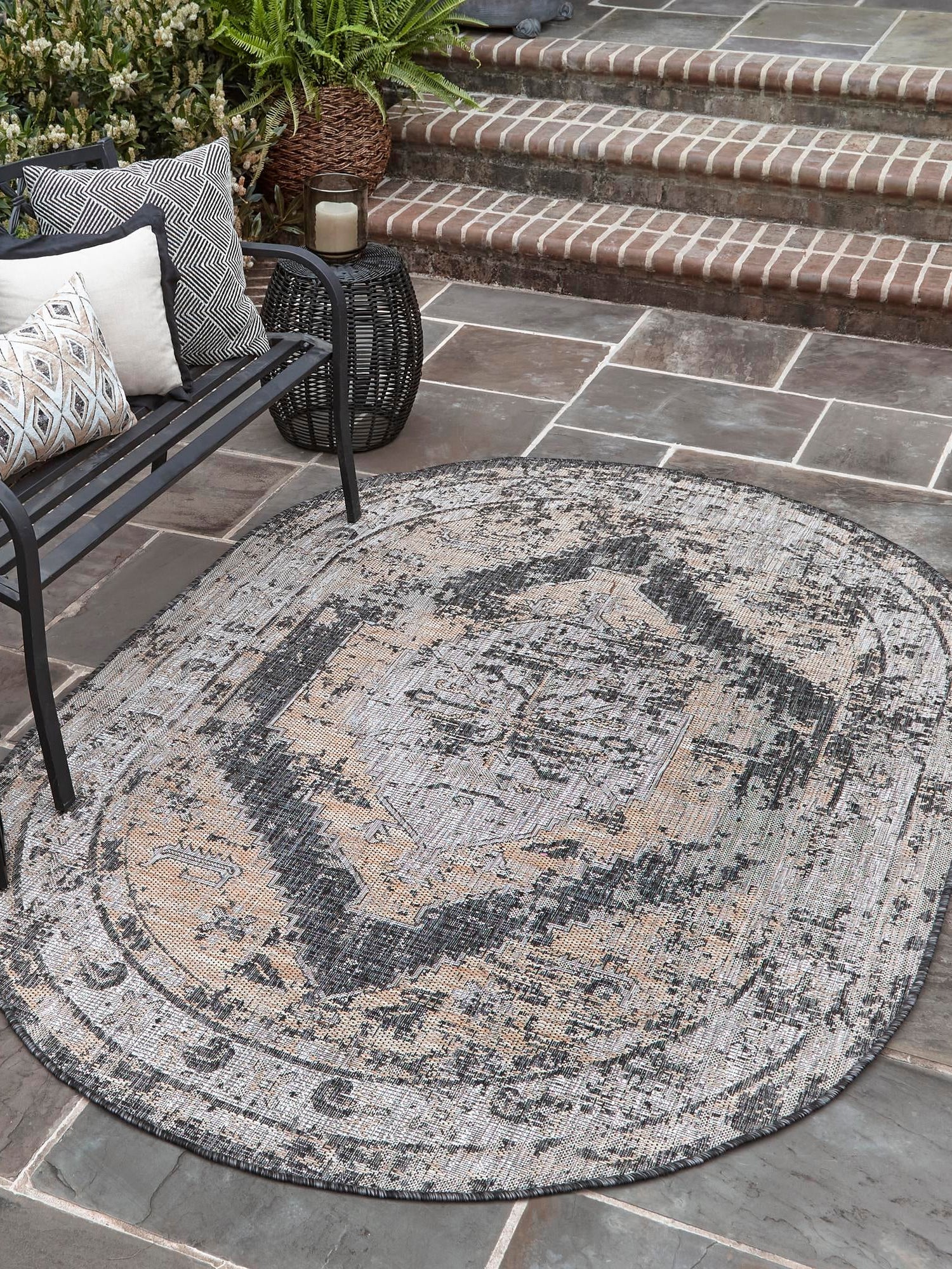 Charcoal 7' 10 x 10' Outdoor Traditional Oval Area Rug Weather Resistant for Patio, Deck, Terrace, Balcony, Porch Classical Design Outside Carpet for Sale at Rug Engine