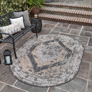 Charcoal 7' 10 x 10' Outdoor Traditional Oval Area Rug Weather Resistant for Patio, Deck, Terrace, Balcony, Porch Classical Design Outside Carpet for Sale at Rug Engine
