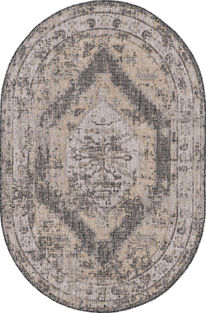Charcoal 5' 3 x 8' Outdoor Traditional Oval Area Rug Weather Resistant for Patio, Deck, Terrace, Balcony, Porch Classical Design Outside Carpet for Sale at Rug Engine