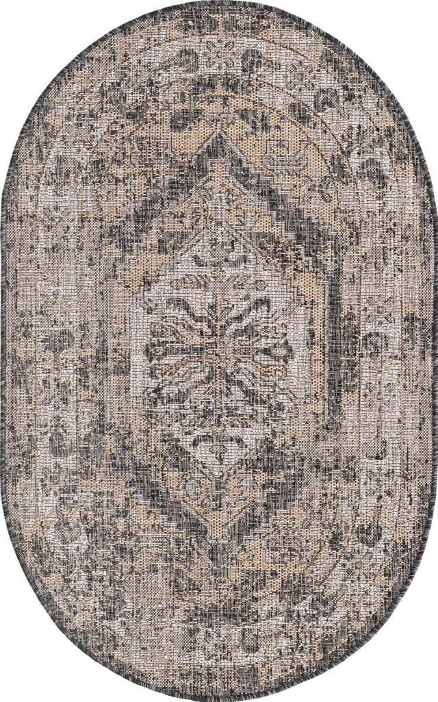 Charcoal 3' 1 x 5' 3 Outdoor Traditional Oval Area Rug Weather Resistant for Patio, Deck, Terrace, Balcony, Porch Classical Design Outside Carpet for Sale at Rug Engine