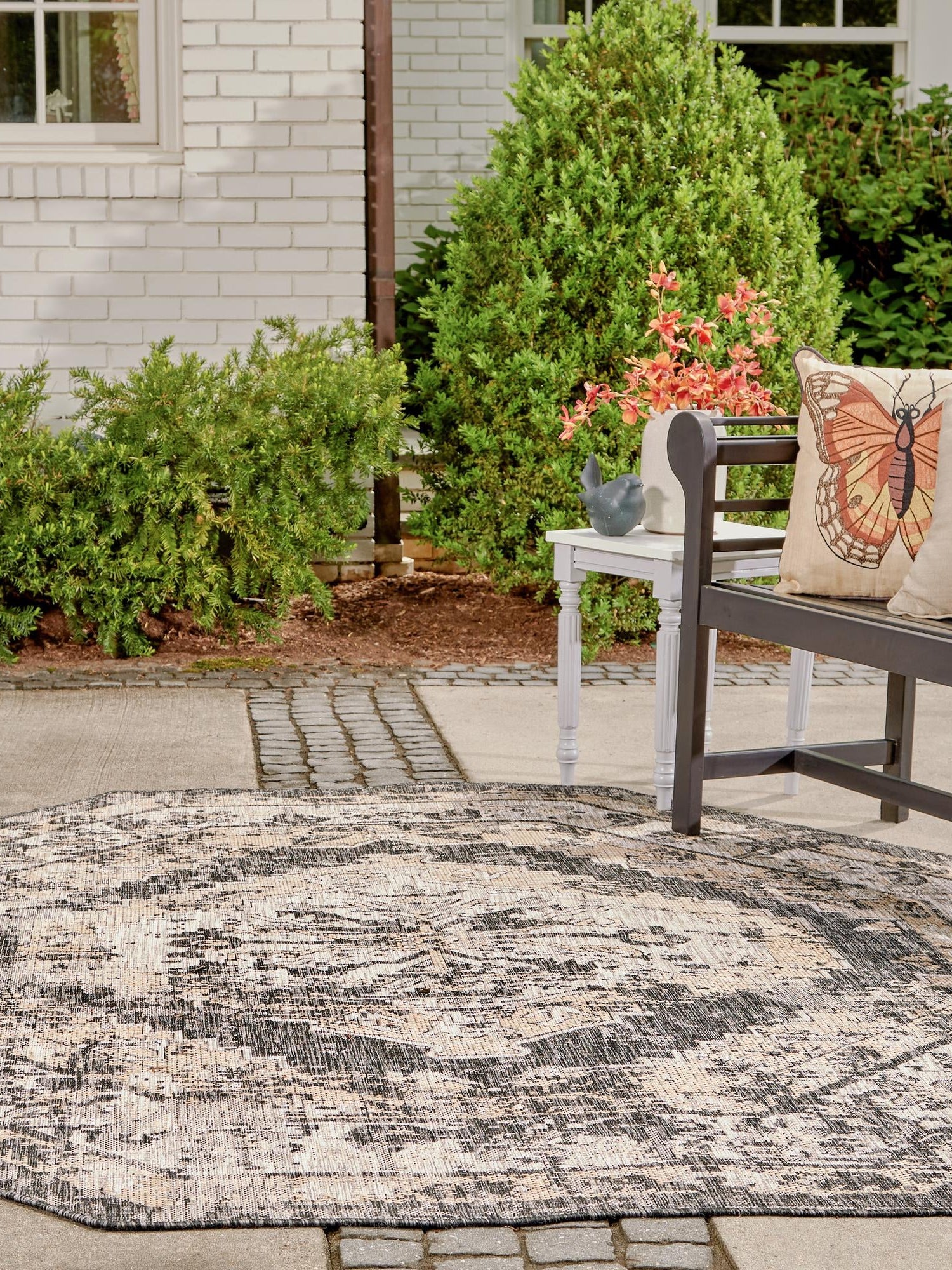 Charcoal 5' 3 x 5' 3 Outdoor Traditional Octagon Area Rug Weather Resistant for Patio, Deck, Terrace, Balcony, Porch Classical Design Outside Carpet for Sale at Rug Engine