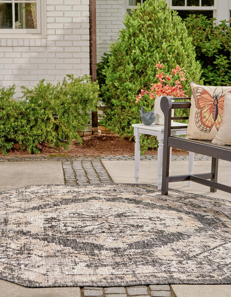 Charcoal 5' 3 x 5' 3 Outdoor Traditional Octagon Area Rug Weather Resistant for Patio, Deck, Terrace, Balcony, Porch Classical Design Outside Carpet for Sale at Rug Engine