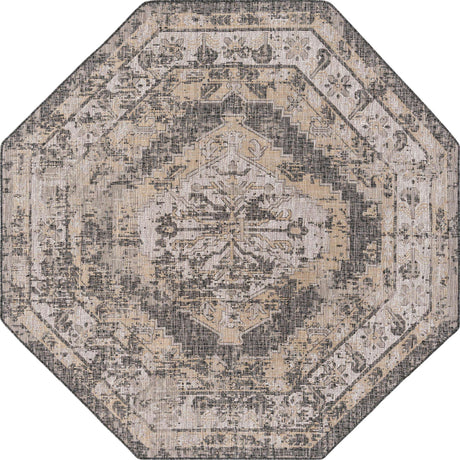 Charcoal 7' 10 x 7' 10 Outdoor Traditional Octagon Area Rug Weather Resistant for Patio, Deck, Terrace, Balcony, Porch Classical Design Outside Carpet for Sale at Rug Engine