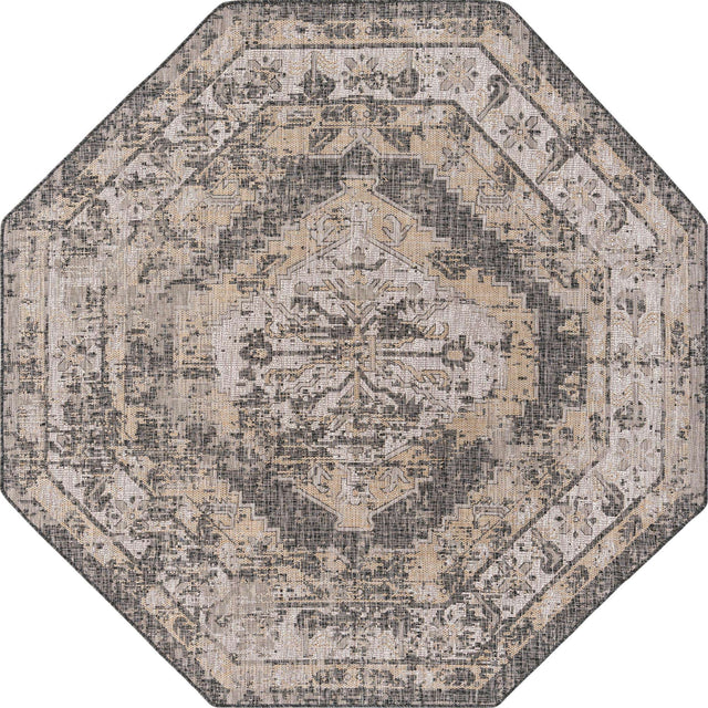 Charcoal 7' 10 x 7' 10 Outdoor Traditional Octagon Area Rug Weather Resistant for Patio, Deck, Terrace, Balcony, Porch Classical Design Outside Carpet for Sale at Rug Engine