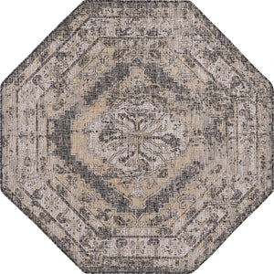 Charcoal 5' 3 x 5' 3 Outdoor Traditional Octagon Area Rug Weather Resistant for Patio, Deck, Terrace, Balcony, Porch Classical Design Outside Carpet for Sale at Rug Engine