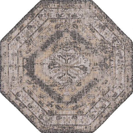 Charcoal 5' 3 x 5' 3 Outdoor Traditional Octagon Area Rug Weather Resistant for Patio, Deck, Terrace, Balcony, Porch Classical Design Outside Carpet for Sale at Rug Engine