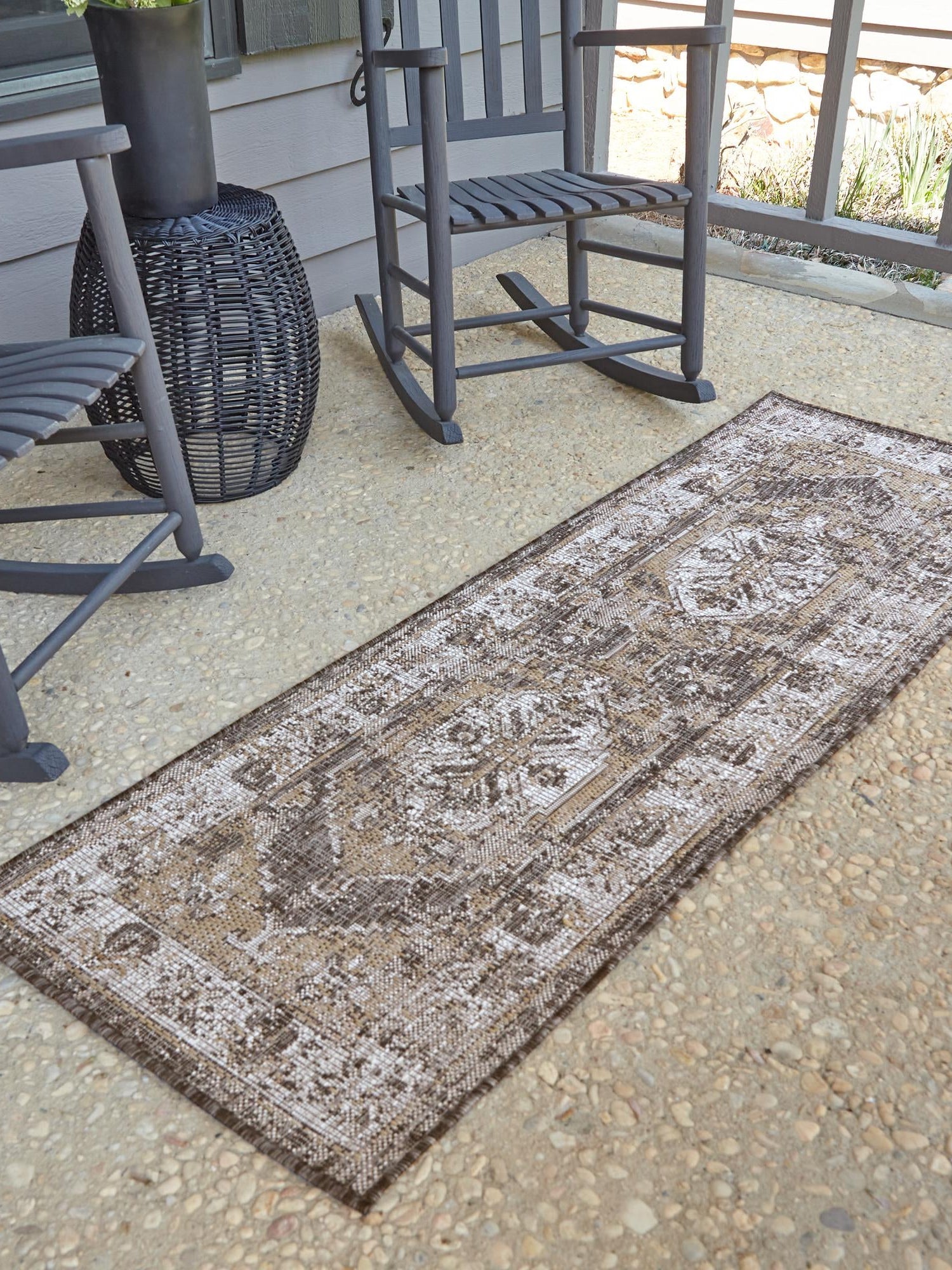 Charcoal 2' x 5' 3 Outdoor Traditional Runner Area Rug Weather Resistant for Patio, Deck, Terrace, Balcony, Porch Classical Design Outside Carpet for Sale at Rug Engine
