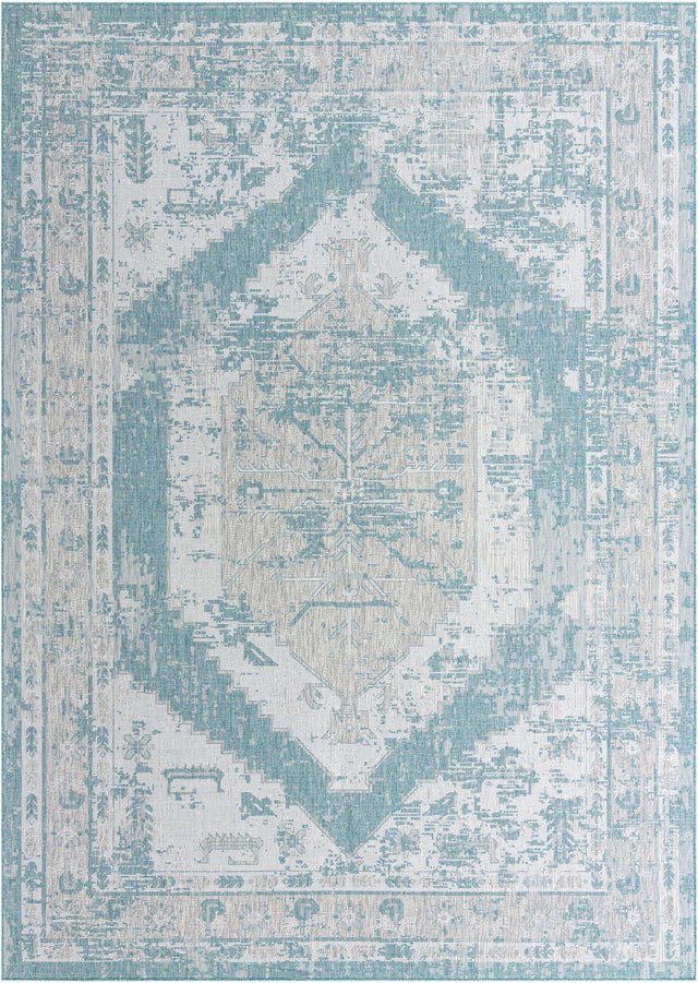 Aqua 10' x 14' 1 Outdoor Traditional Rectangle Area Rug Weather Resistant for Patio, Deck, Terrace, Balcony, Porch Classical Design Outside Carpet for Sale at Rug Engine