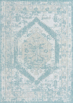 Aqua 7' 1 x 10' Outdoor Traditional Rectangle Area Rug Weather Resistant for Patio, Deck, Terrace, Balcony, Porch Classical Design Outside Carpet for Sale at Rug Engine