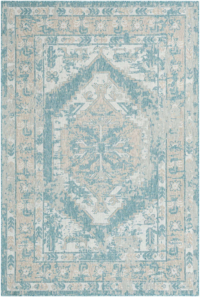 Aqua 6' 1 x 9' Outdoor Traditional Rectangle Area Rug Weather Resistant for Patio, Deck, Terrace, Balcony, Porch Classical Design Outside Carpet for Sale at Rug Engine