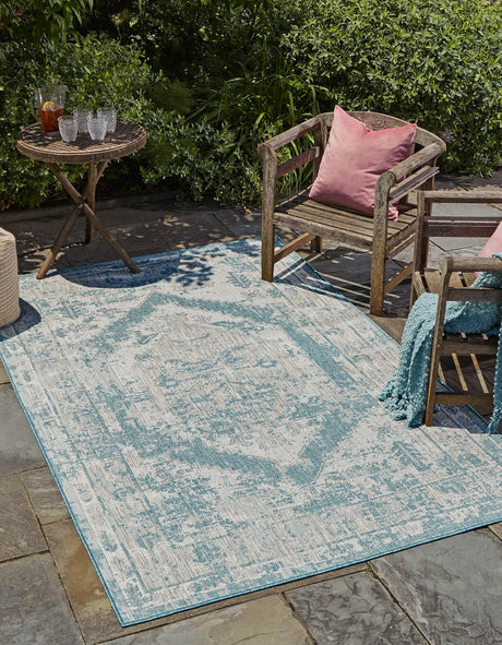 Aqua 8' x 11' Outdoor Traditional Rectangle Rug