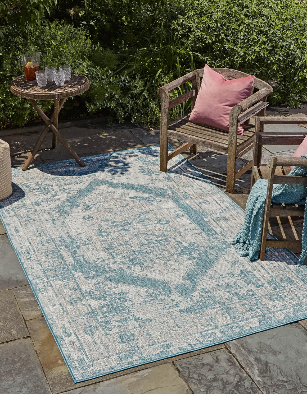 Aqua 2' x 3' 1 Outdoor Traditional Rectangle Area Rug Weather Resistant for Patio, Deck, Terrace, Balcony, Porch Classical Design Outside Carpet for Sale at Rug Engine