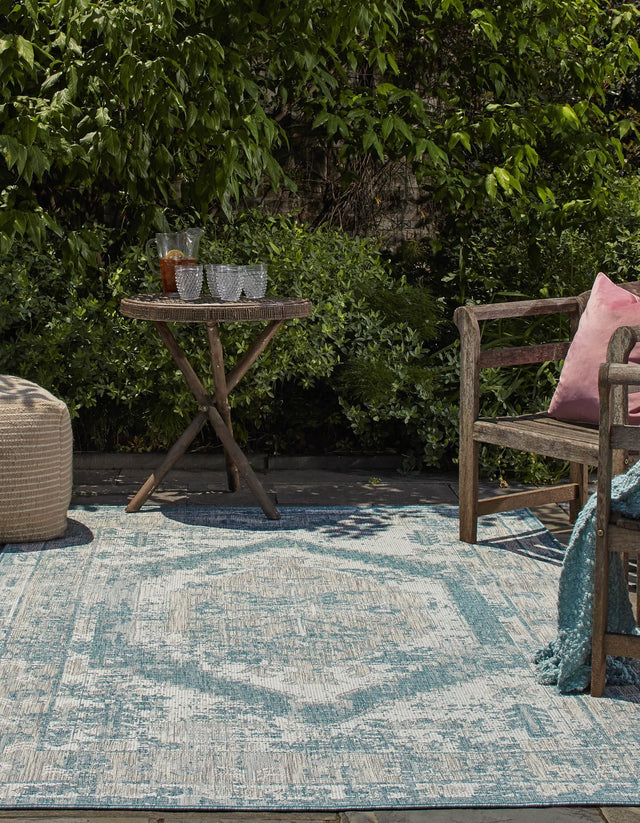 Aqua 10' x 13' 1 Outdoor Traditional Rectangle Area Rug Weather Resistant for Patio, Deck, Terrace, Balcony, Porch Classical Design Outside Carpet for Sale at Rug Engine