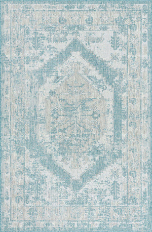 Aqua 5' 3 x 8' Outdoor Traditional Rectangle Area Rug Weather Resistant for Patio, Deck, Terrace, Balcony, Porch Classical Design Outside Carpet for Sale at Rug Engine