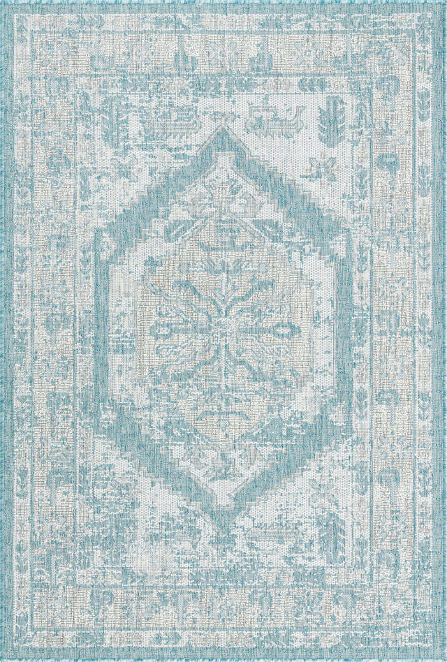 Aqua 4' 1 x 6' 1 Outdoor Traditional Rectangle Area Rug Weather Resistant for Patio, Deck, Terrace, Balcony, Porch Classical Design Outside Carpet for Sale at Rug Engine