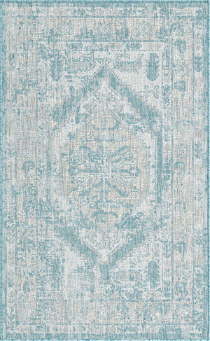 Aqua 3' 1 x 5' 3 Outdoor Traditional Rectangle Area Rug Weather Resistant for Patio, Deck, Terrace, Balcony, Porch Classical Design Outside Carpet for Sale at Rug Engine