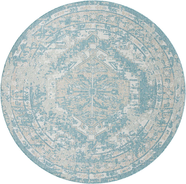 Aqua 10' x 10' Outdoor Traditional Round Area Rug Weather Resistant for Patio, Deck, Terrace, Balcony, Porch Classical Design Outside Carpet for Sale at Rug Engine