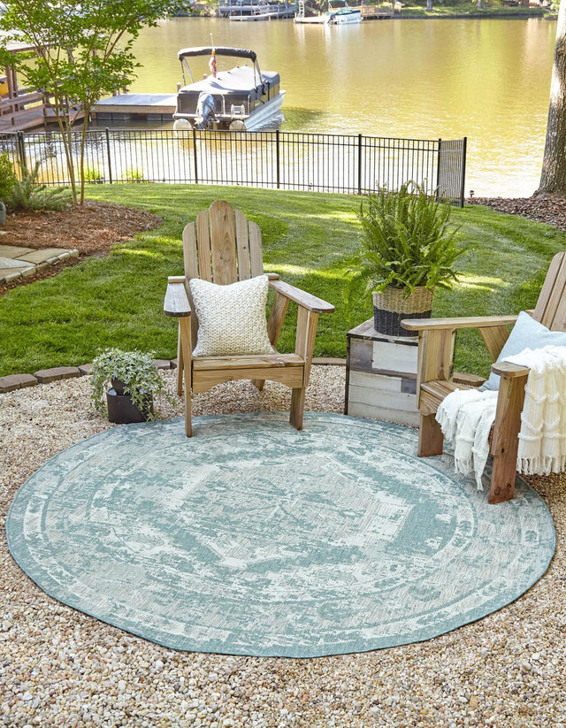 Aqua 7' 10 x 7' 10 Outdoor Traditional Round Area Rug Weather Resistant for Patio, Deck, Terrace, Balcony, Porch Classical Design Outside Carpet for Sale at Rug Engine