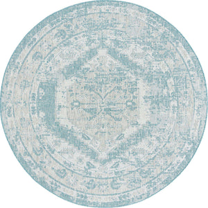 Aqua 7' 10 x 7' 10 Outdoor Traditional Round Area Rug Weather Resistant for Patio, Deck, Terrace, Balcony, Porch Classical Design Outside Carpet for Sale at Rug Engine