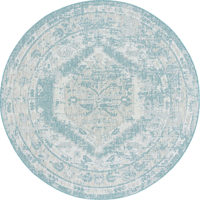 Aqua 7' 10 x 7' 10 Outdoor Traditional Round Area Rug Weather Resistant for Patio, Deck, Terrace, Balcony, Porch Classical Design Outside Carpet for Sale at Rug Engine