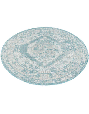 Aqua 5' 3 x 5' 3 Outdoor Traditional Round Area Rug Weather Resistant for Patio, Deck, Terrace, Balcony, Porch Classical Design Outside Carpet for Sale at Rug Engine