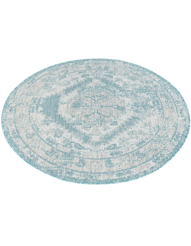 Aqua 5' 3 x 5' 3 Outdoor Traditional Round Area Rug Weather Resistant for Patio, Deck, Terrace, Balcony, Porch Classical Design Outside Carpet for Sale at Rug Engine