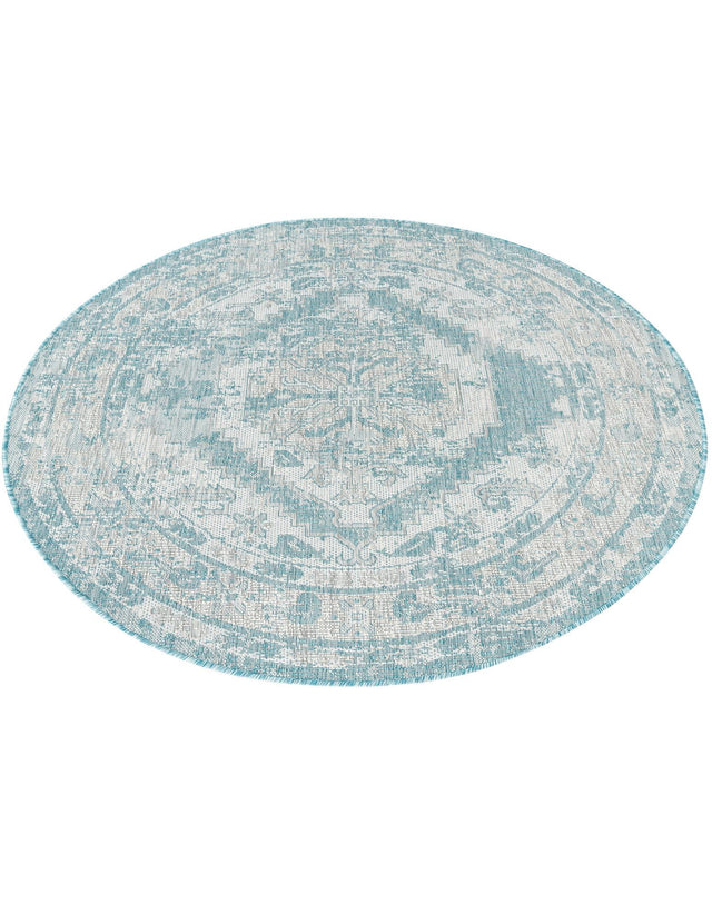 Aqua 5' 3 x 5' 3 Outdoor Traditional Round Area Rug Weather Resistant for Patio, Deck, Terrace, Balcony, Porch Classical Design Outside Carpet for Sale at Rug Engine