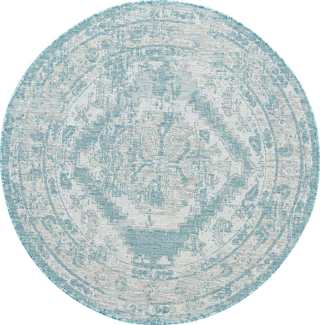Aqua 5' 3 x 5' 3 Outdoor Traditional Round Area Rug Weather Resistant for Patio, Deck, Terrace, Balcony, Porch Classical Design Outside Carpet for Sale at Rug Engine