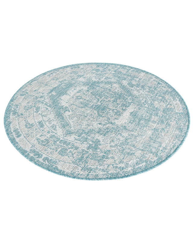 Aqua 4' 1 x 4' 1 Outdoor Traditional Round Area Rug Weather Resistant for Patio, Deck, Terrace, Balcony, Porch Classical Design Outside Carpet for Sale at Rug Engine