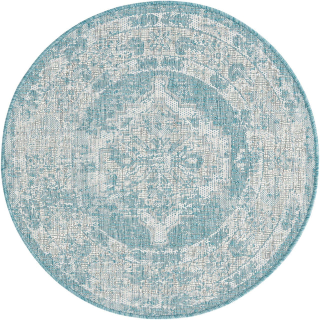 Aqua 3' 1 x 3' 1 Outdoor Traditional Round Area Rug Weather Resistant for Patio, Deck, Terrace, Balcony, Porch Classical Design Outside Carpet for Sale at Rug Engine